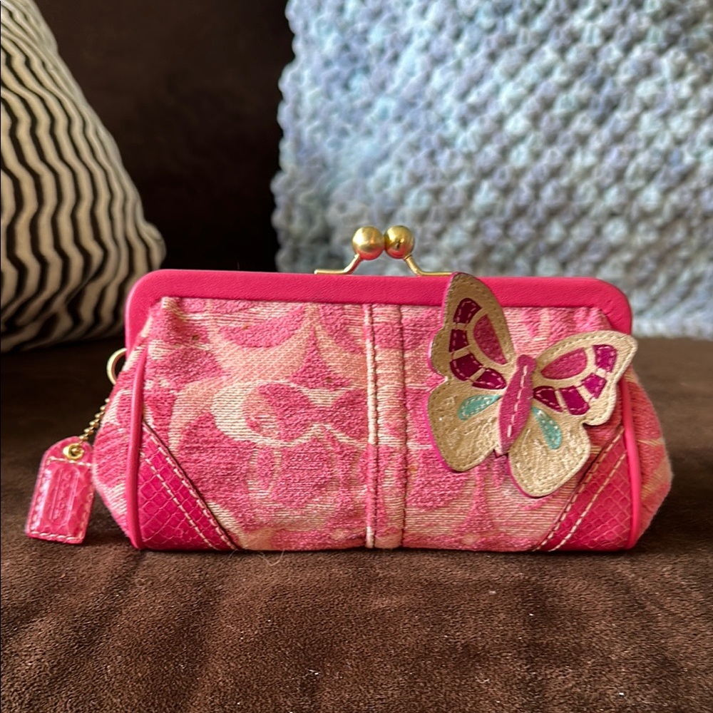 Coach Signature Pink Monogram and Python Kiss lock wristlet with Butterfly